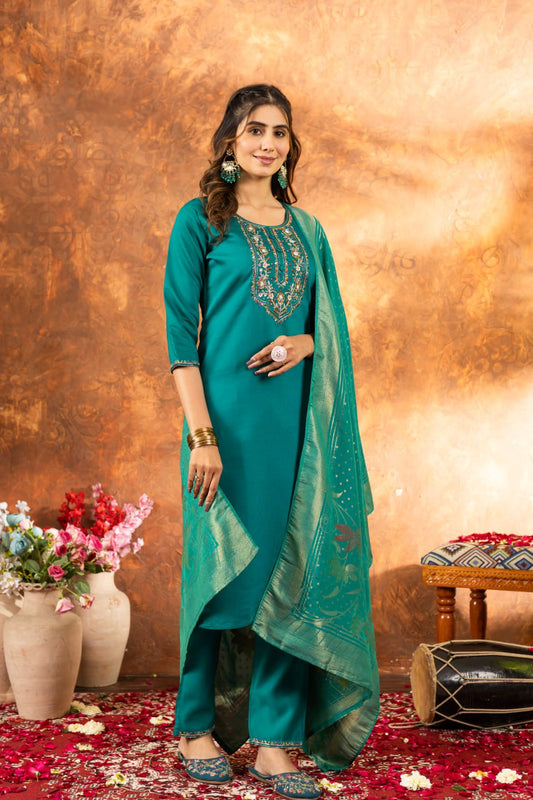 Green color marina silk salwar suit for women