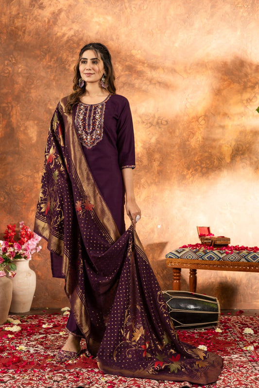 Wine color marina silk salwar suit for party