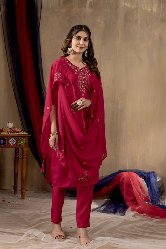 Pink color embroidery work suit for women