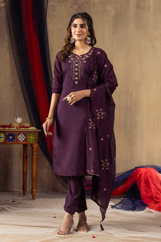 Wine color silk salwar suit for women with dupatta