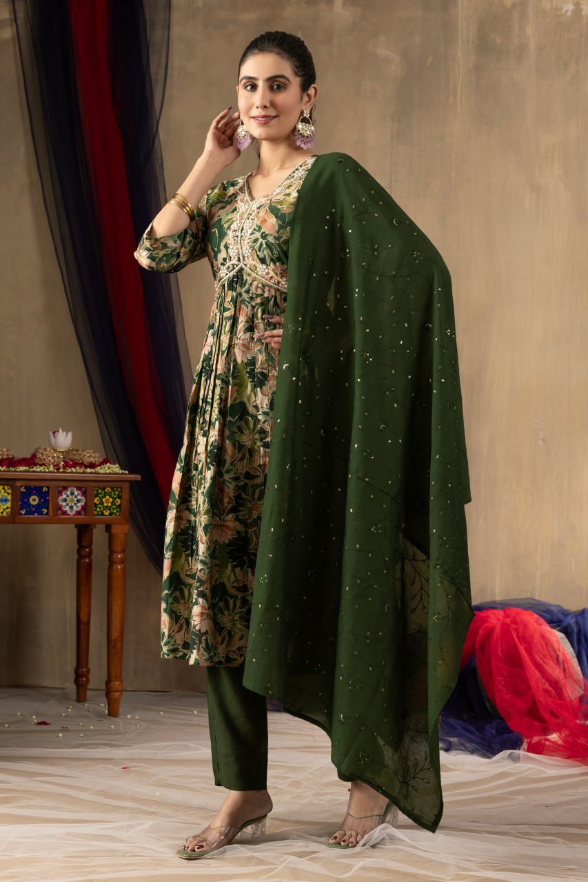 Green color embroidery work salwar suit for party
