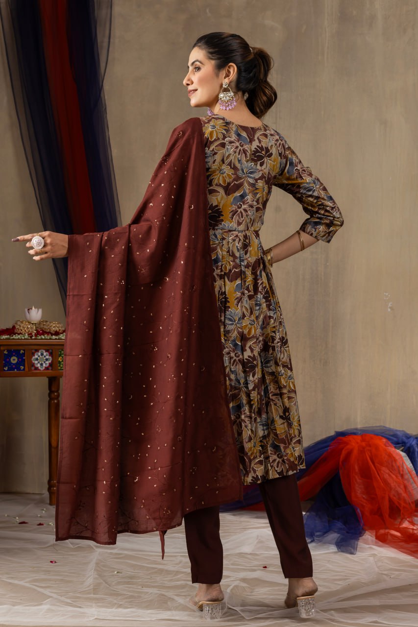 Modal print maroon aliya cut suit with dupatta