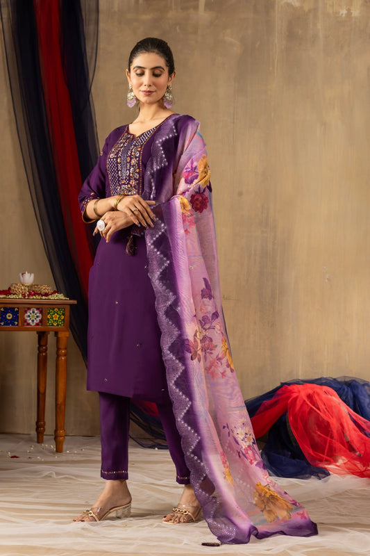Purple color embroidery work kurti with pant pair