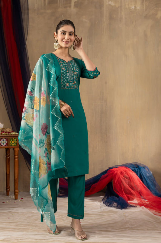 Green color roman silk salwar suit with dupatta