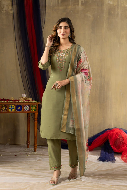 Green color shimmer gold silk salwar suit with dupatta