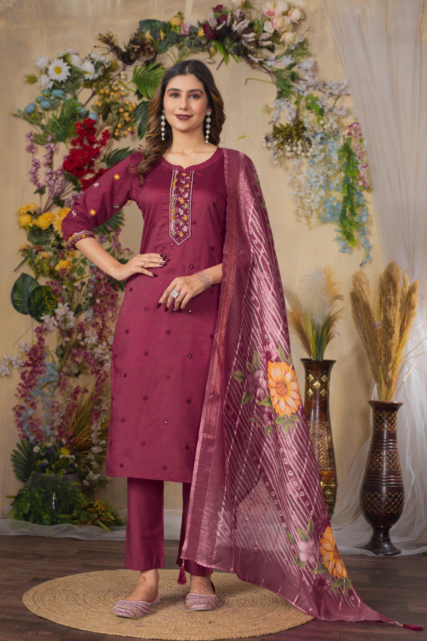 Cerise color viscose roman silk salwar suit for women
