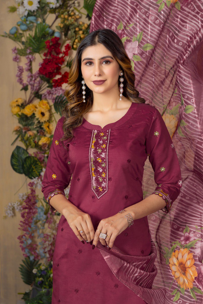 Cerise color viscose roman silk salwar suit for women online