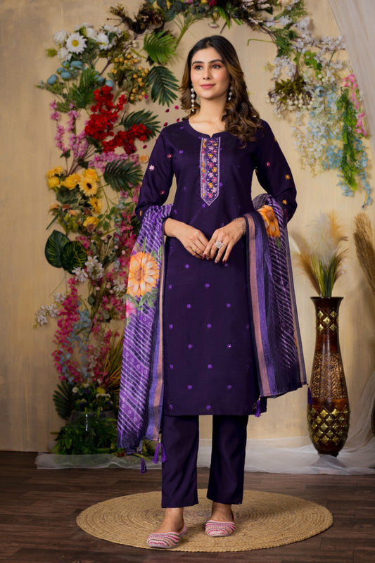 Purple color viscose roman silk salwar suit for women