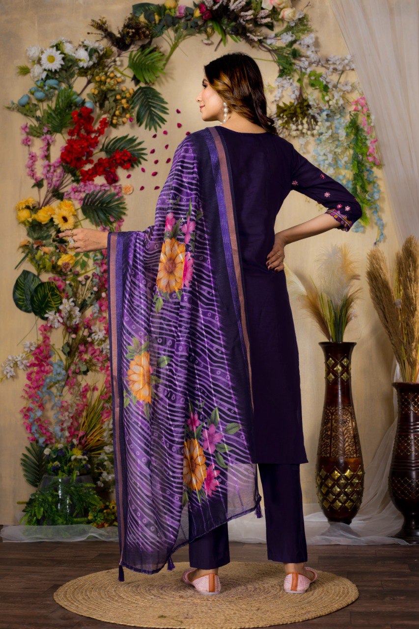Purple color viscose roman silk salwar suit for women with dupatta