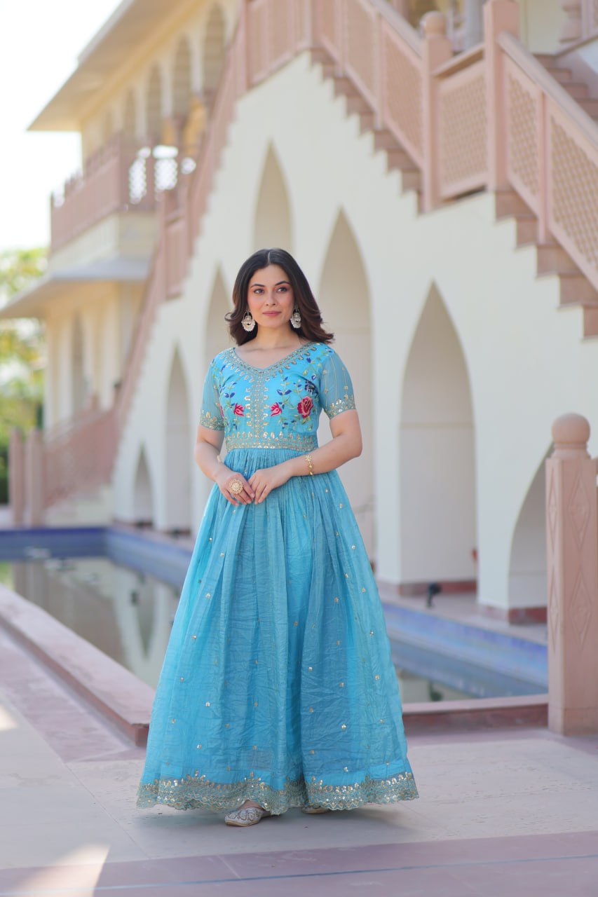 Sky color gold crush long gown with online shopping