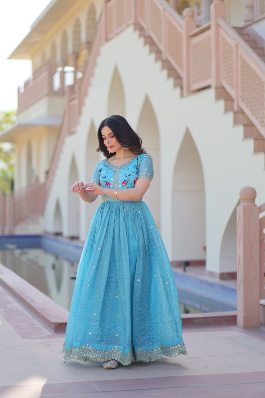 Sky color gold crush long gown with price