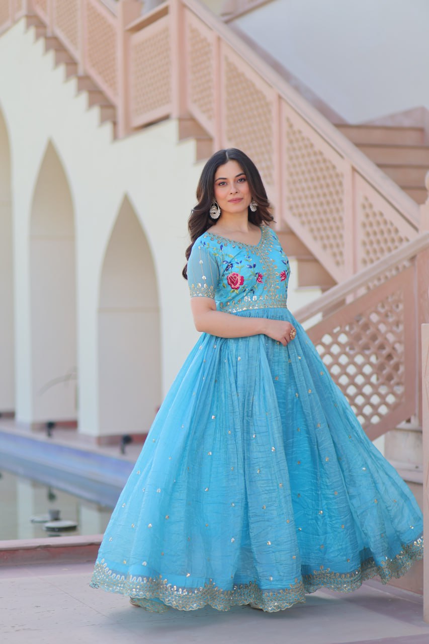 Sky color gold crush long gown for party