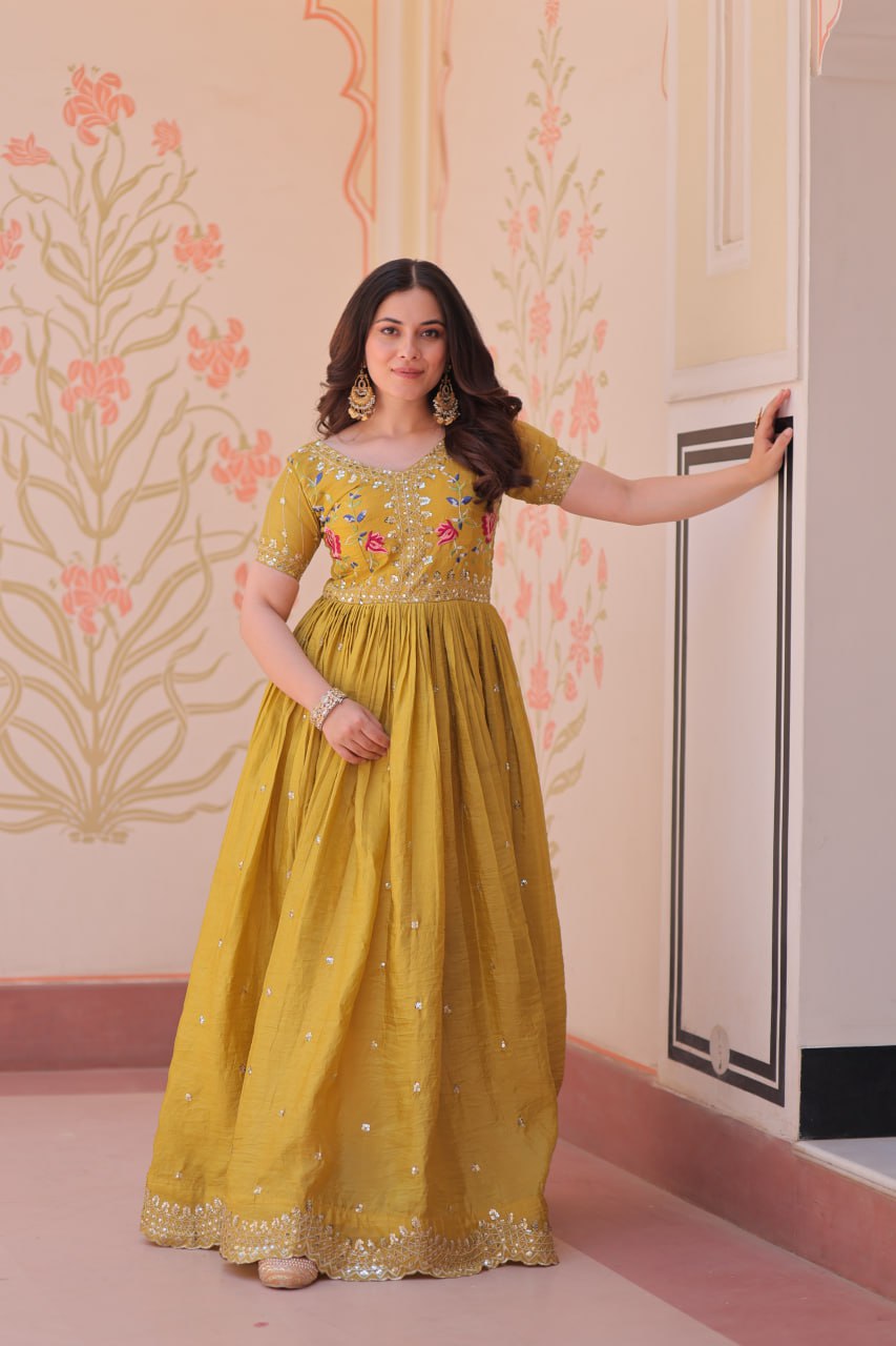 Women's Yellow Gold Crush Multi Thread Embroidery Zari Sequins-Work Gown Yellow / M | Trendia Global Women's Yellow Gold Crush Multi Thread Embroidery Zari Sequins-Work Gown Yellow / M | Trendia Global