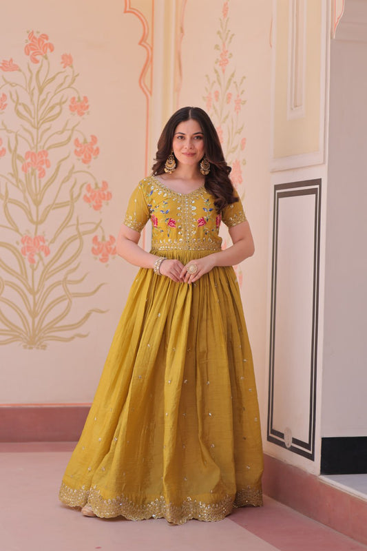 Yellow color gold crush long gown for women