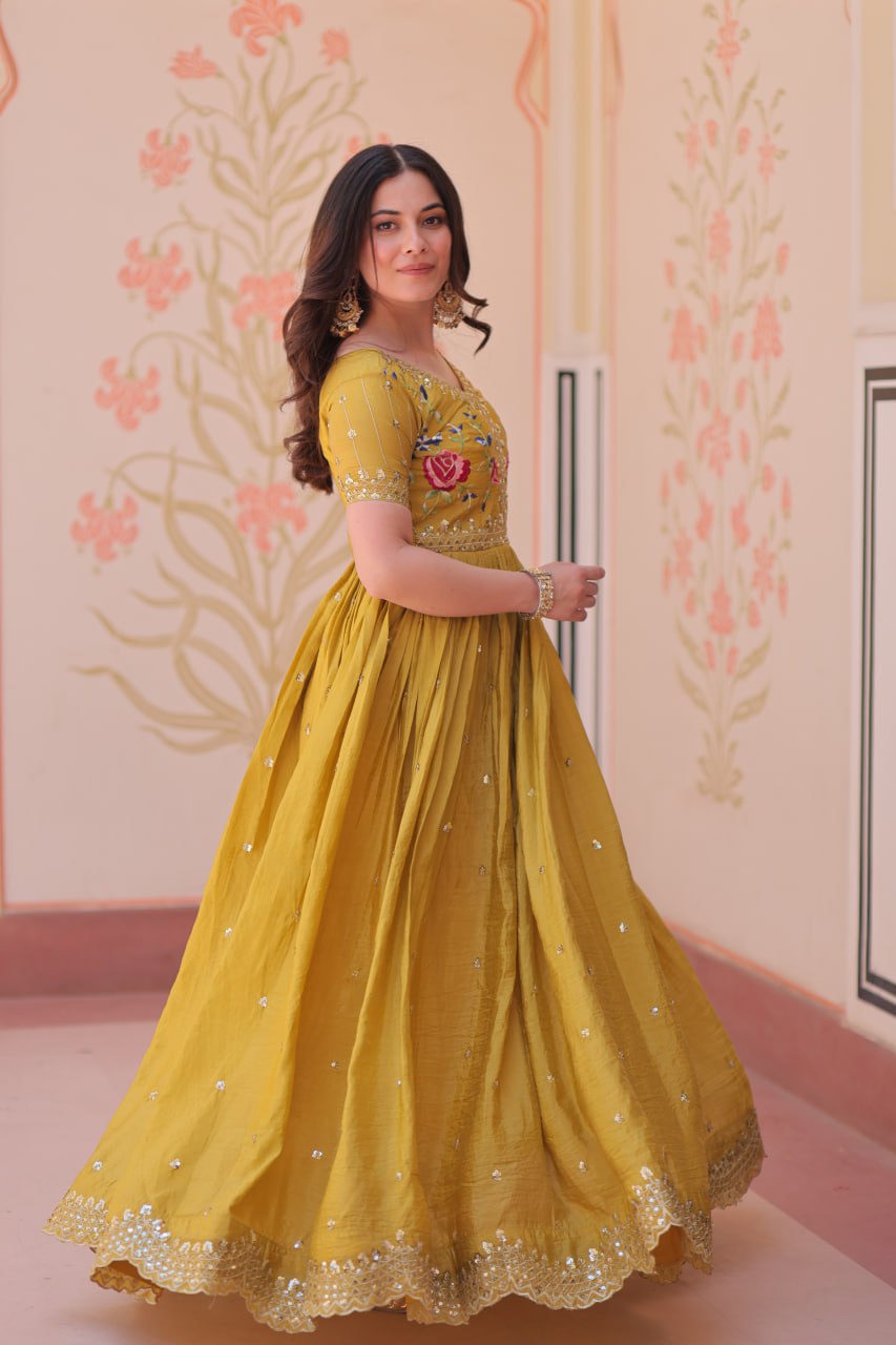 Yellow color gold crush long gown with price