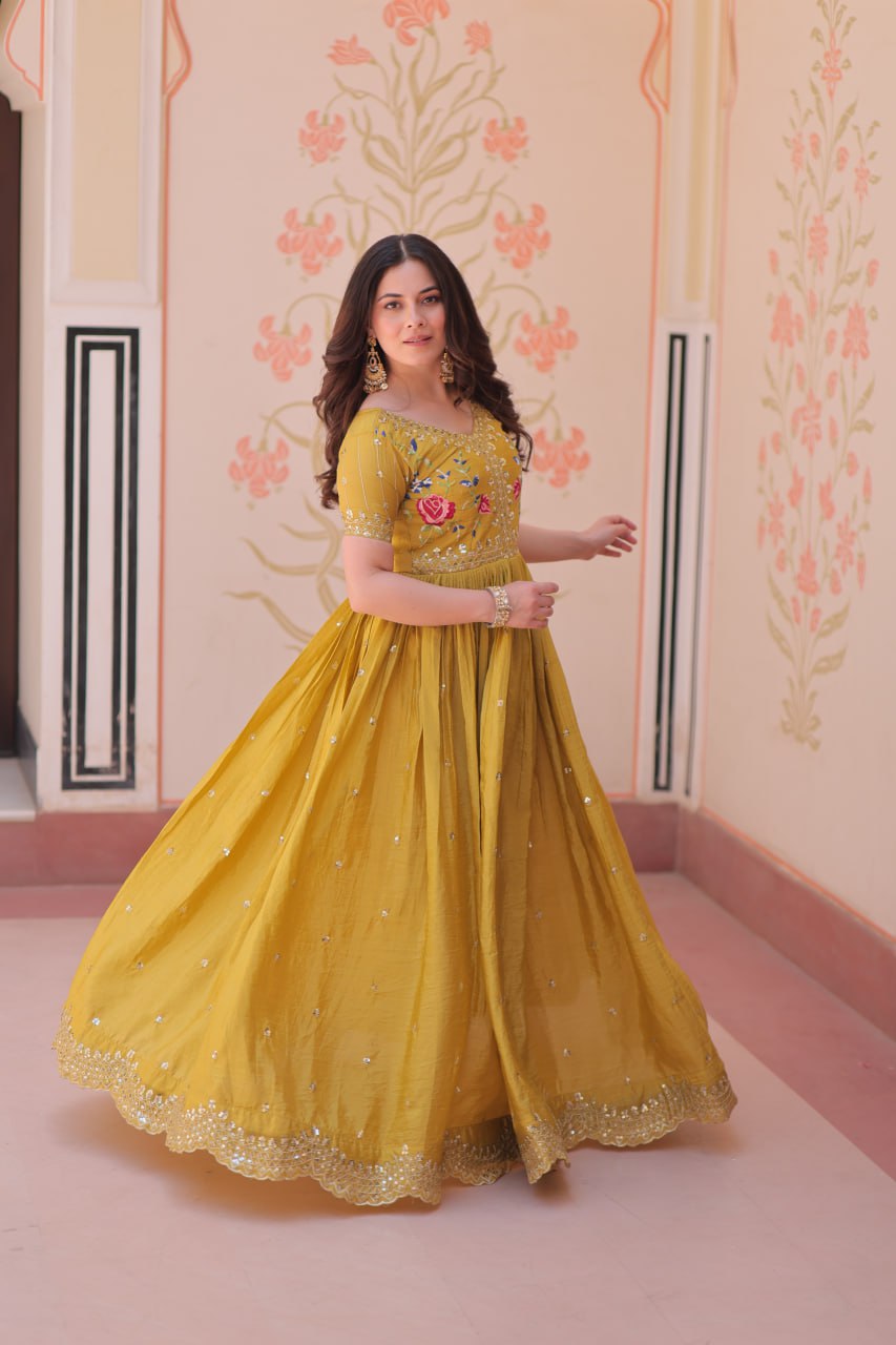 Yellow color gold crush long gown for wedding