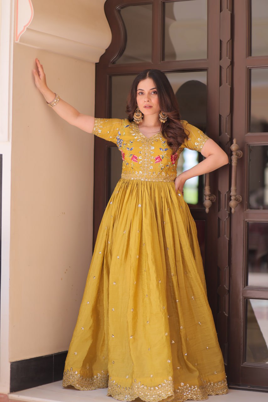 Yellow color gold crush long gown with online