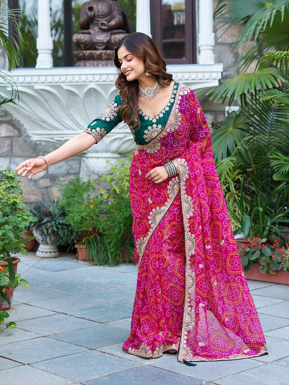 Pink color bandhrej designer saree for party online