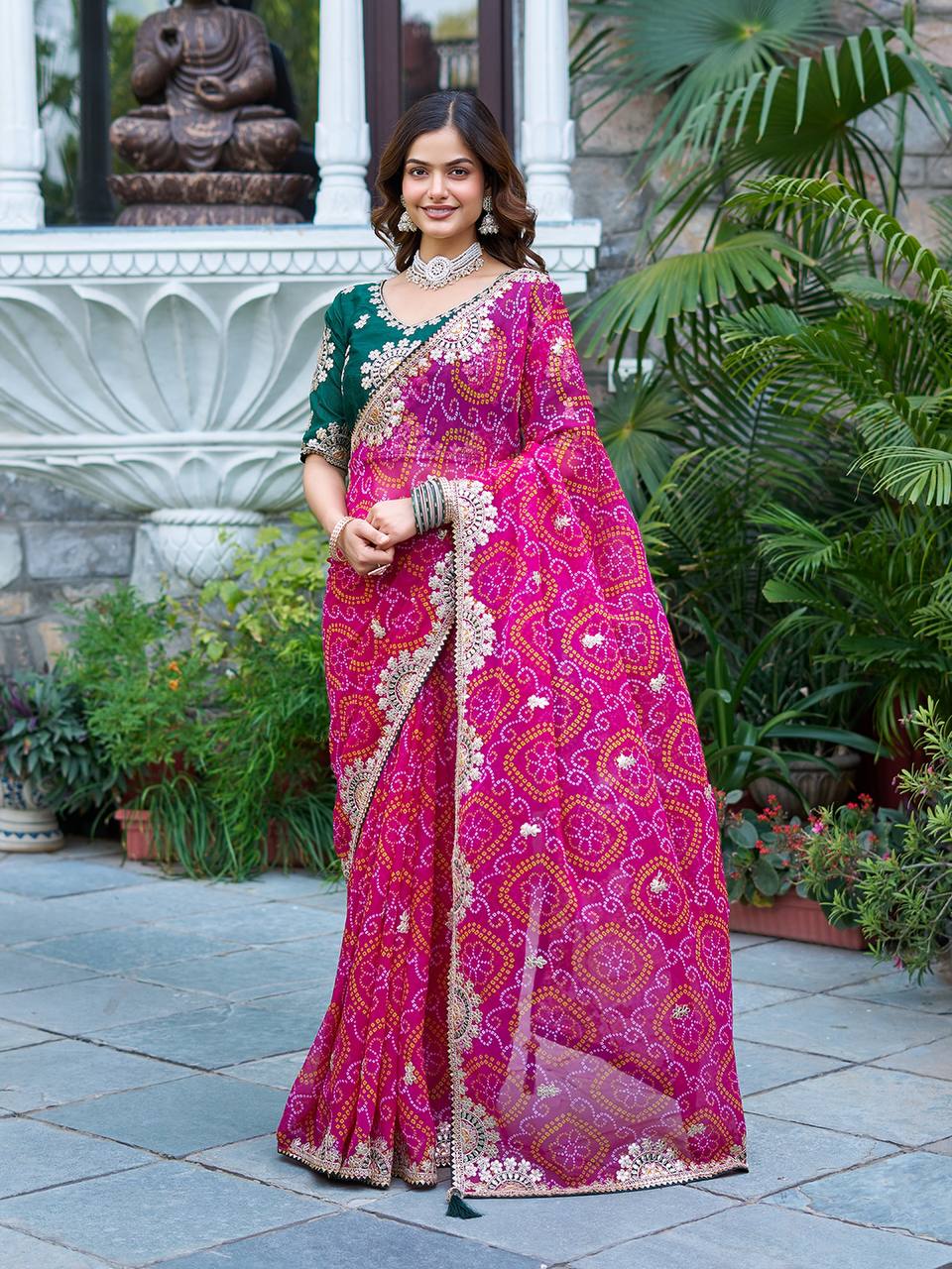 Pink color bandhrej saree for women