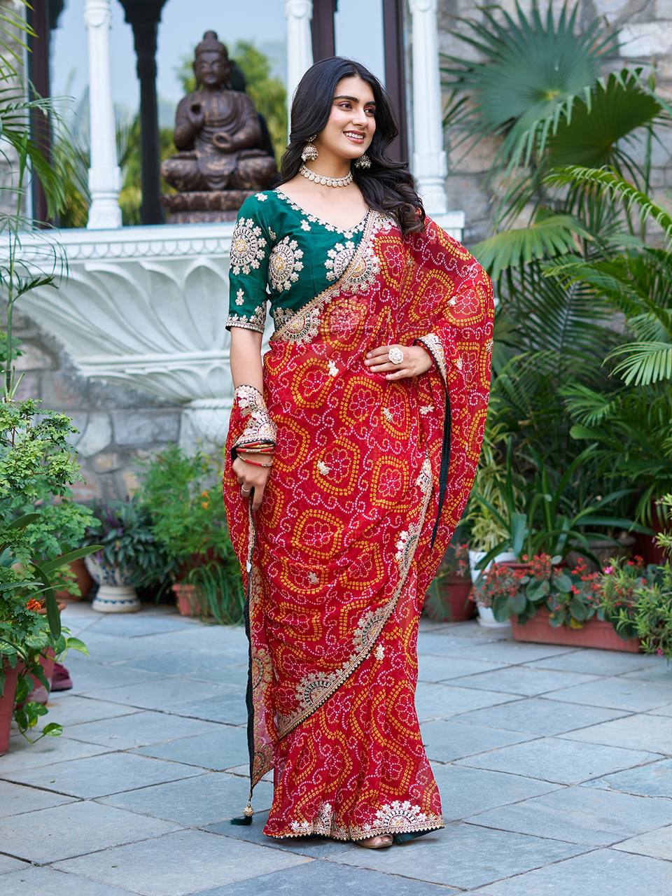 Red color pitha work saree with USA