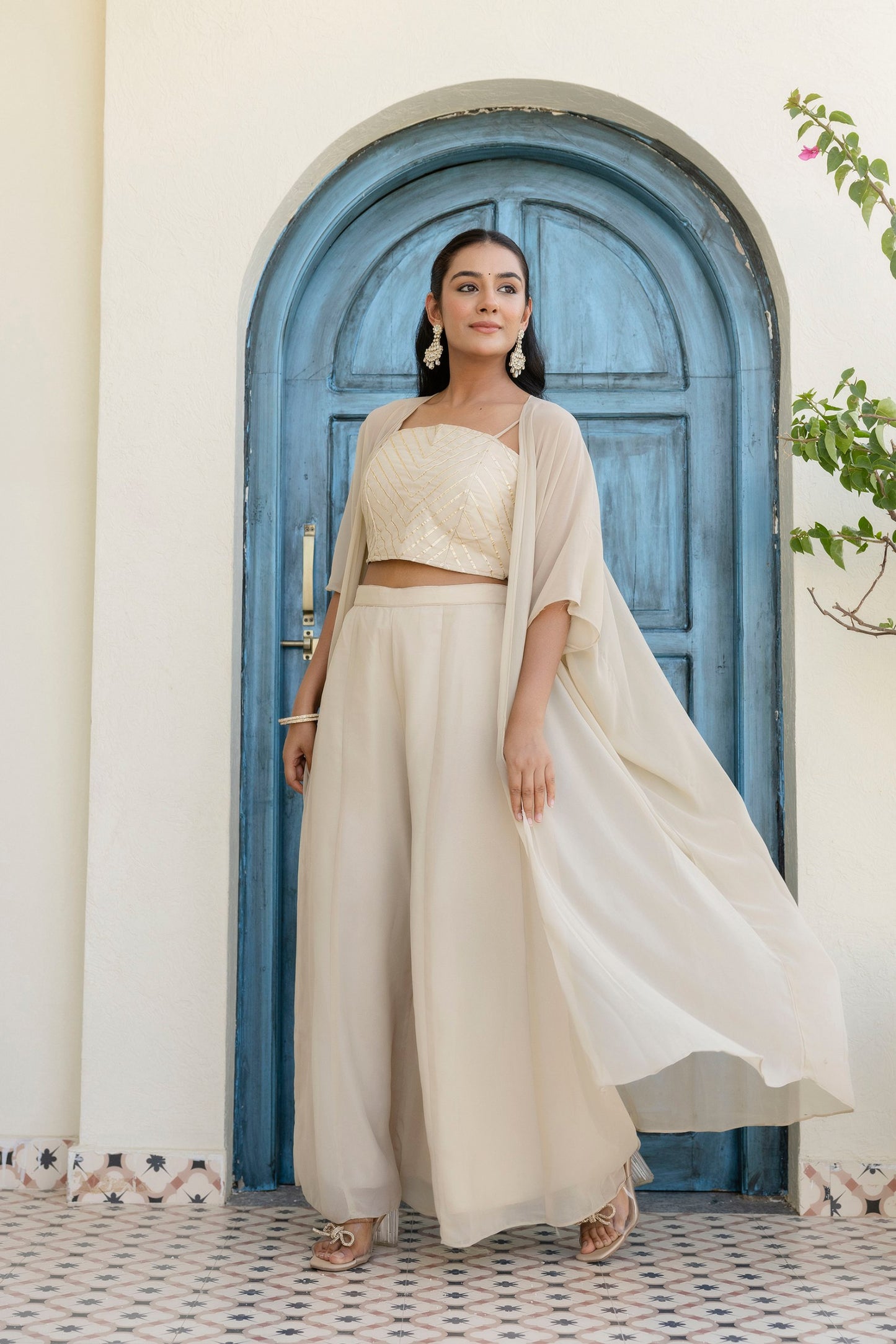 White georgette plazzo suit with shrug price