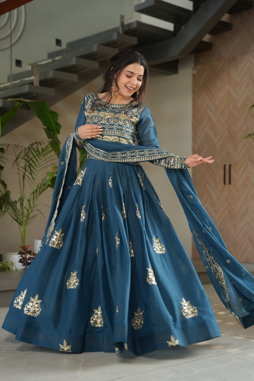 Rama color chinon gown with dupatta