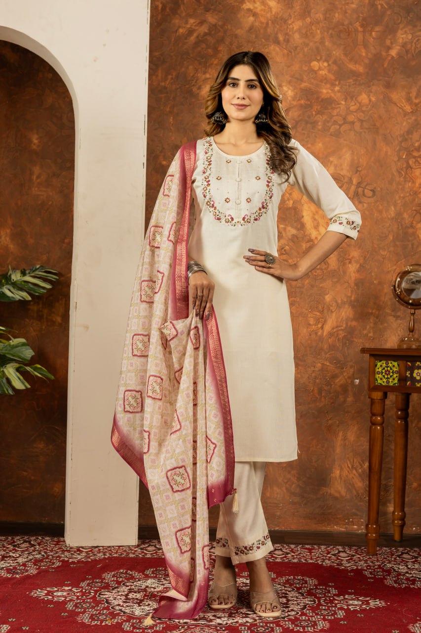 Off White color marina silk salwar kameez for women