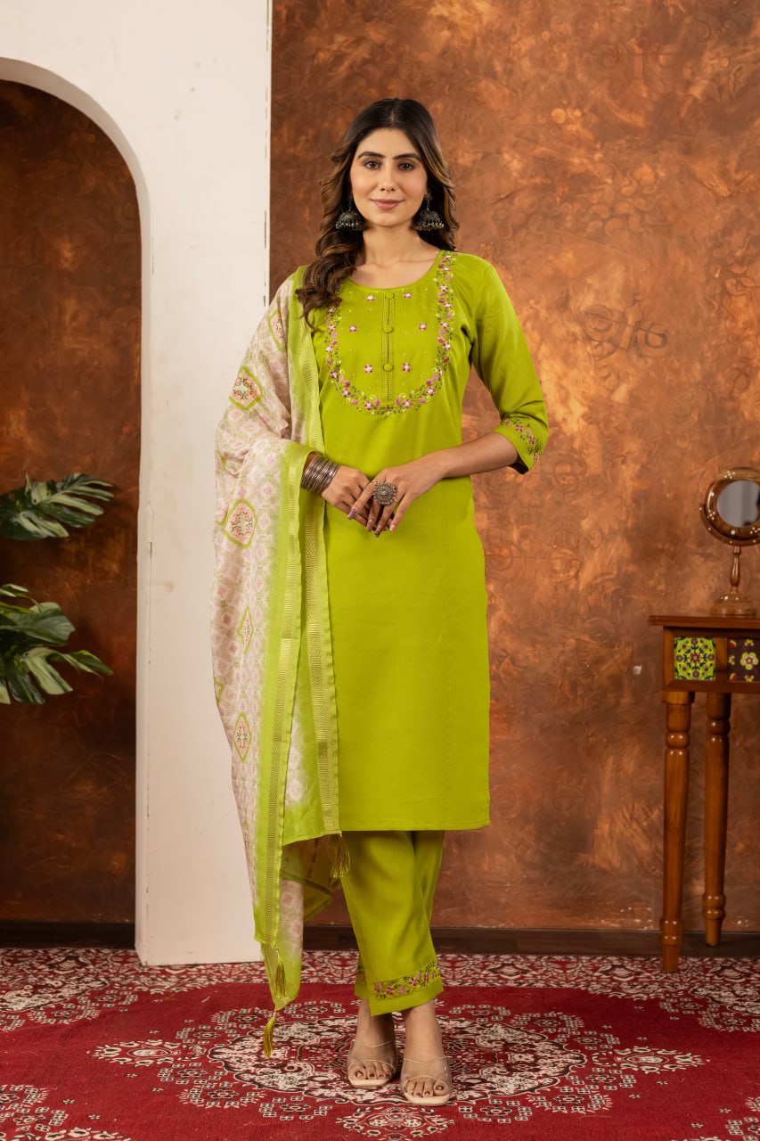 Green color marina silk salwar suit