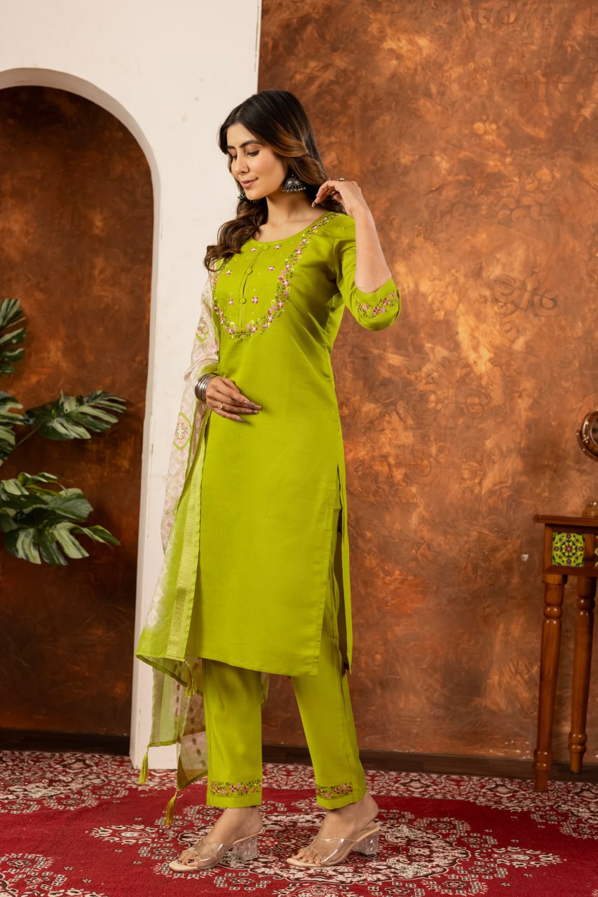 Green color marina silk salwar suit for women price