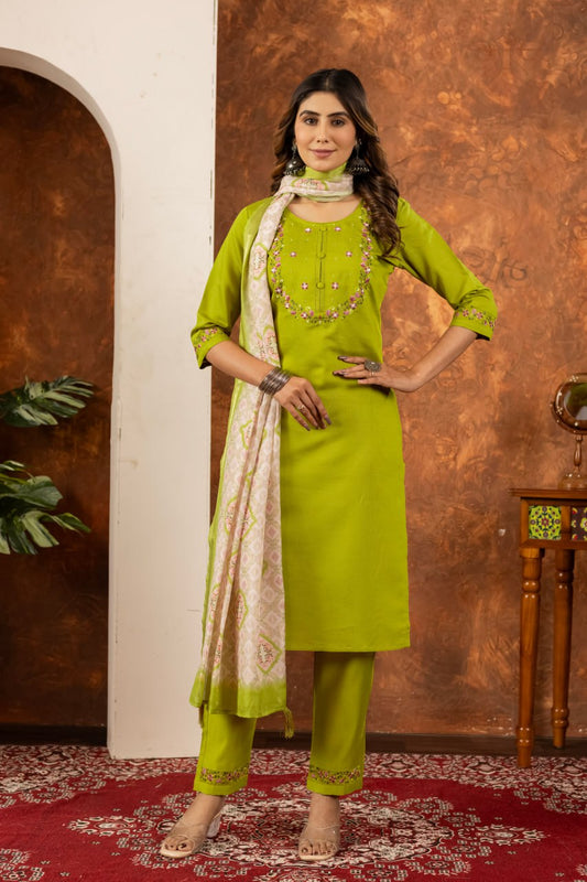 Green color marina silk salwar suit for women