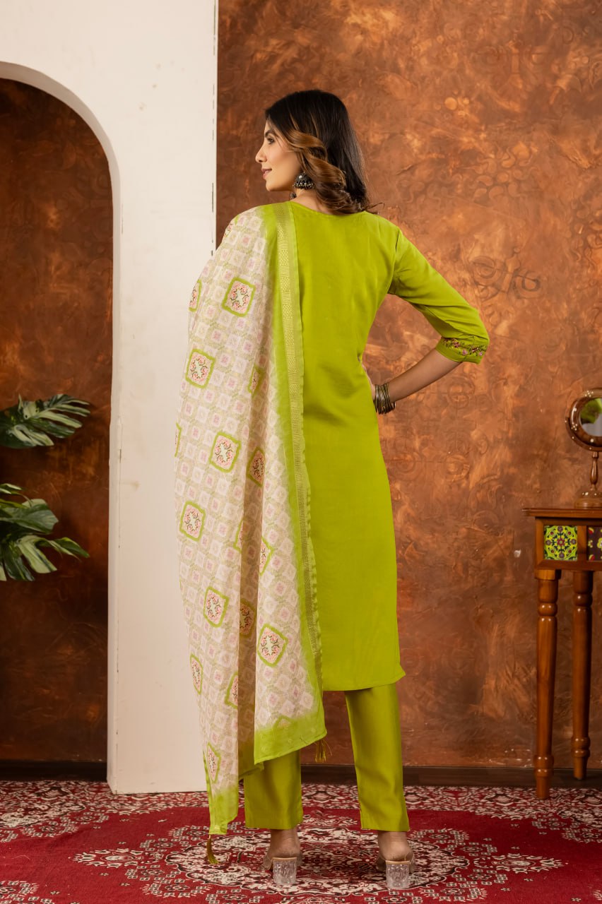 Green color marina silk salwar suit for party