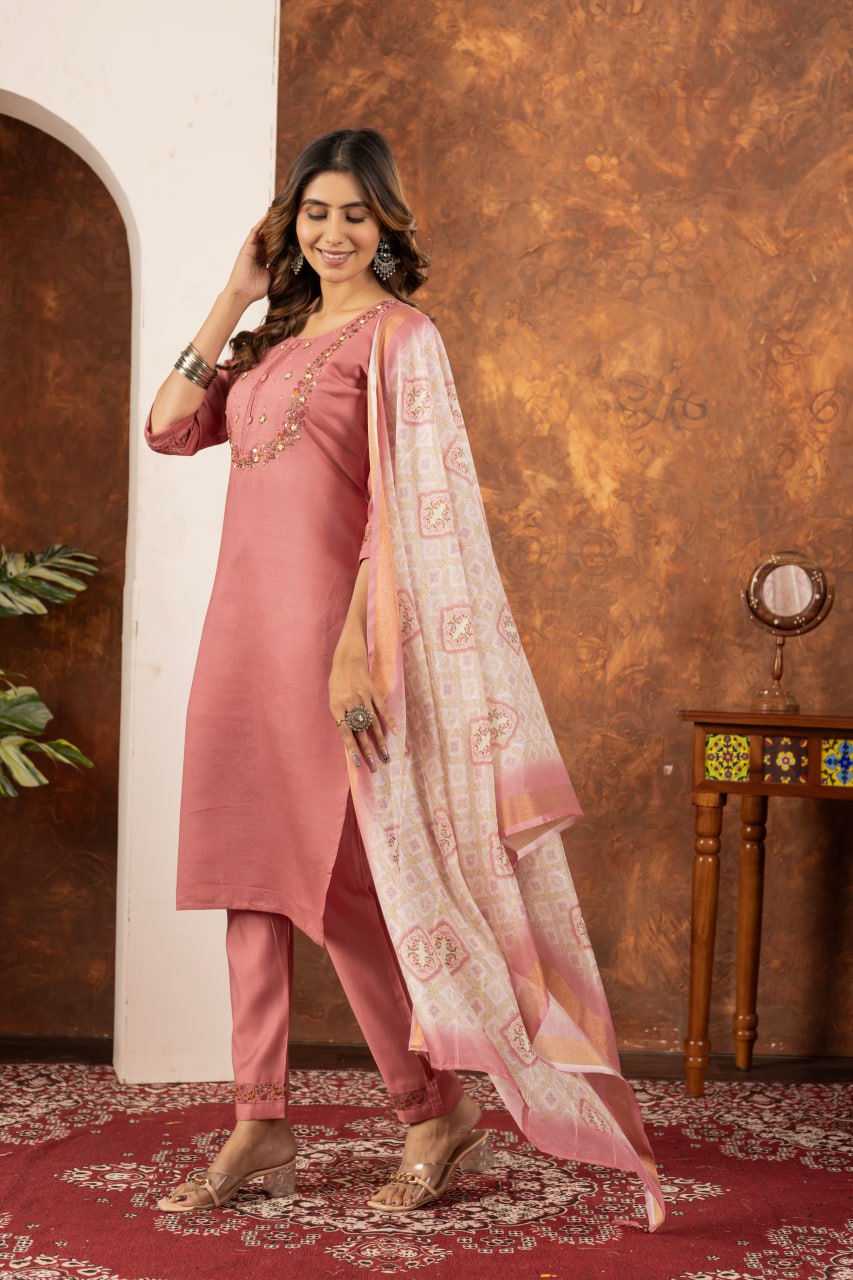 Peach color marina silk salwar suit with dupatta