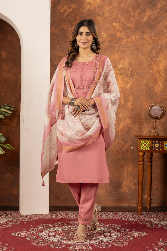 Peach color marina silk salwar suit for party