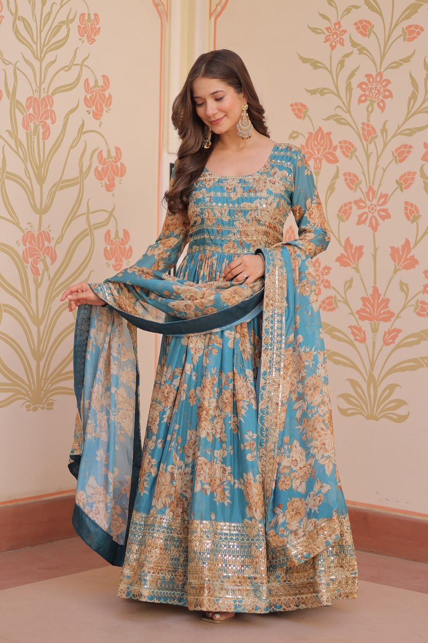 Rama color russian silk long gown for wedding
