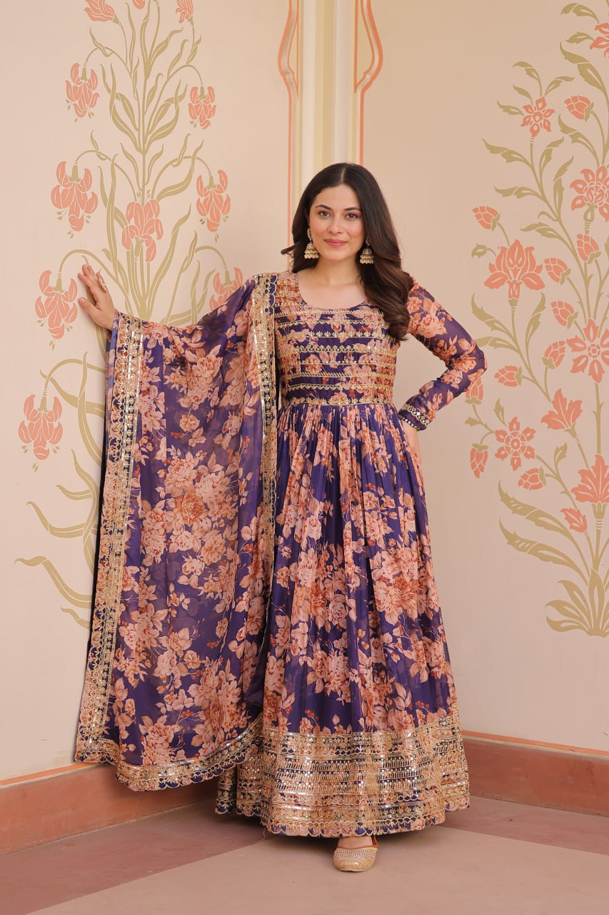 Purple color russian silk gown for women