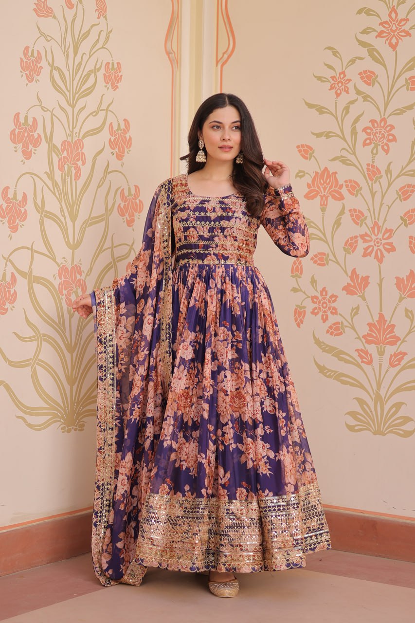 Purple color russian silk gown for women online