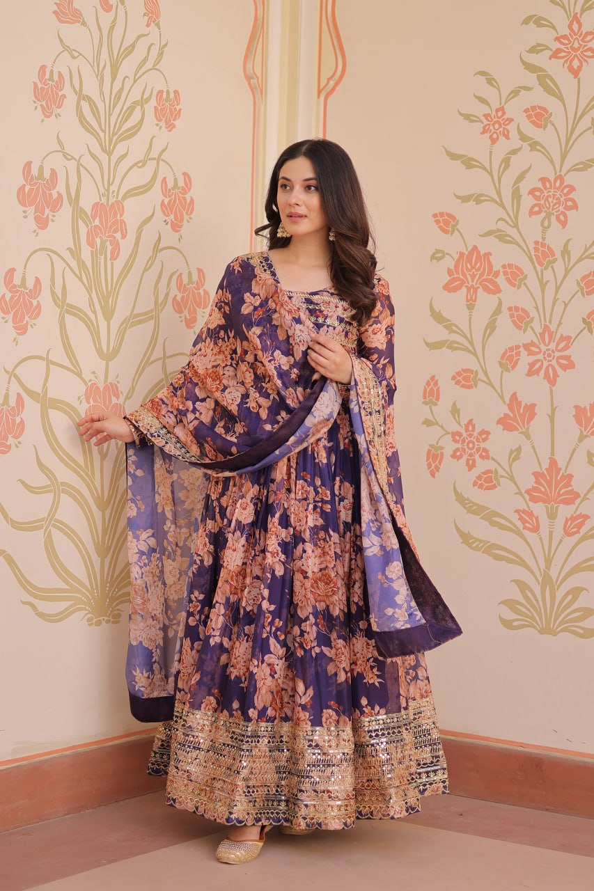 Purple color russian silk gown with dupatta