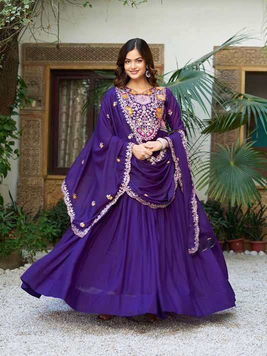 Long sleeve purple color georgette gown for women