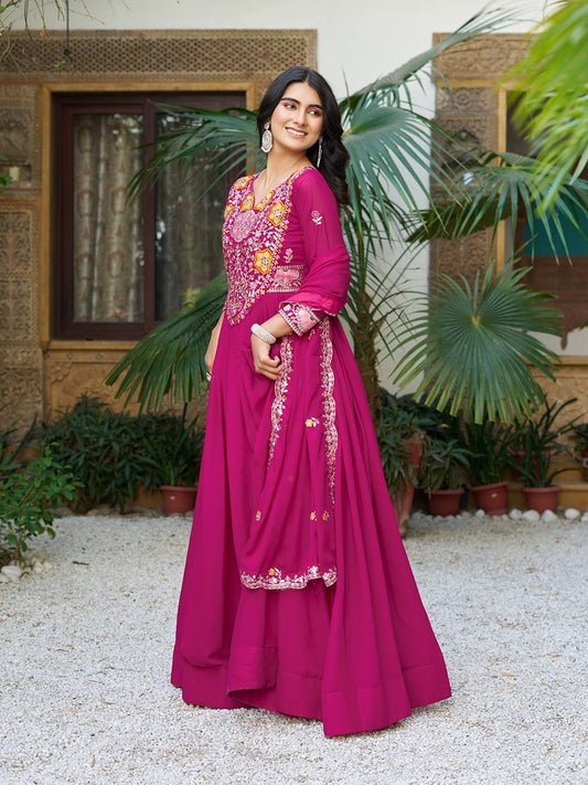 Long sleeve pink color georgette gown for women