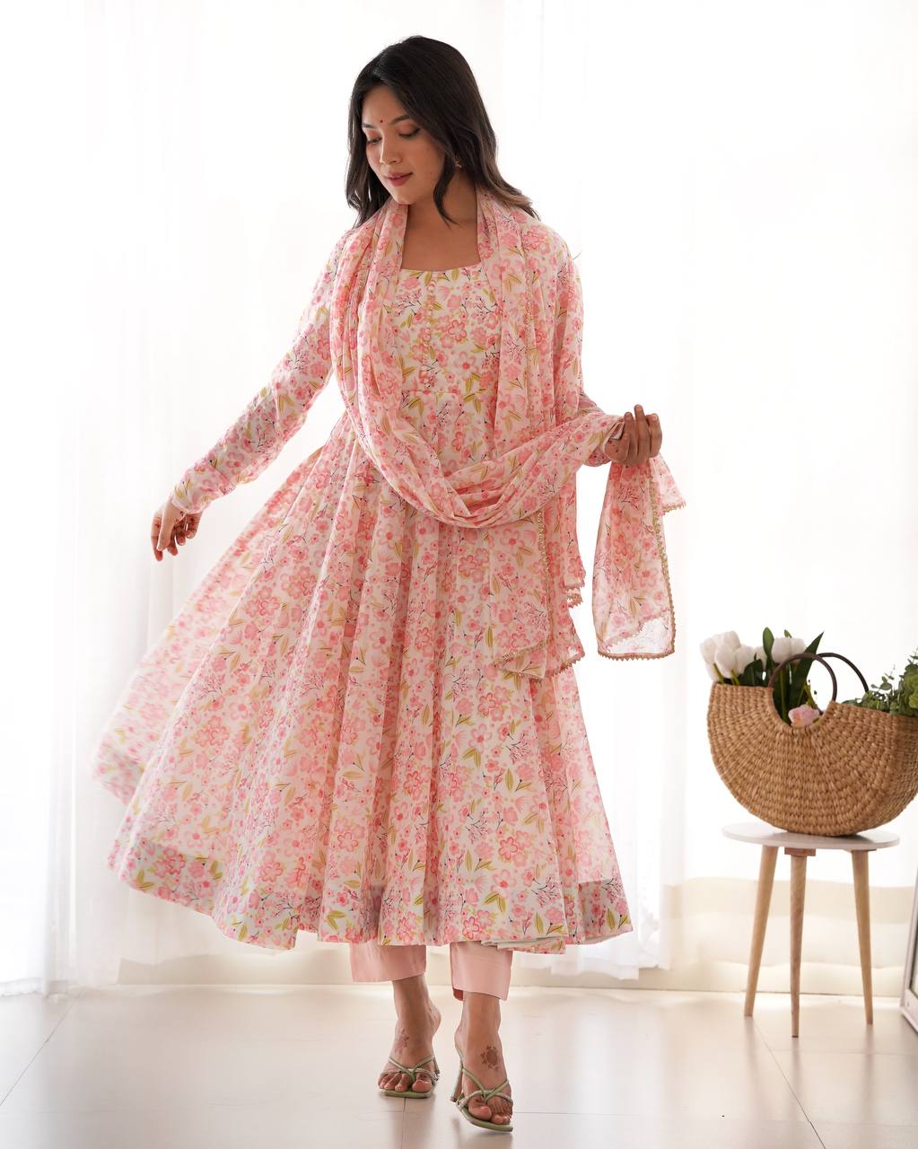 Pink color chiffon gown