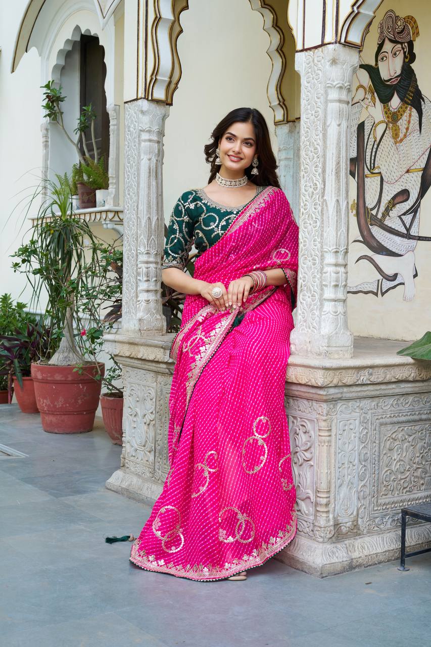 Pink color pitha work saree with blouse USA