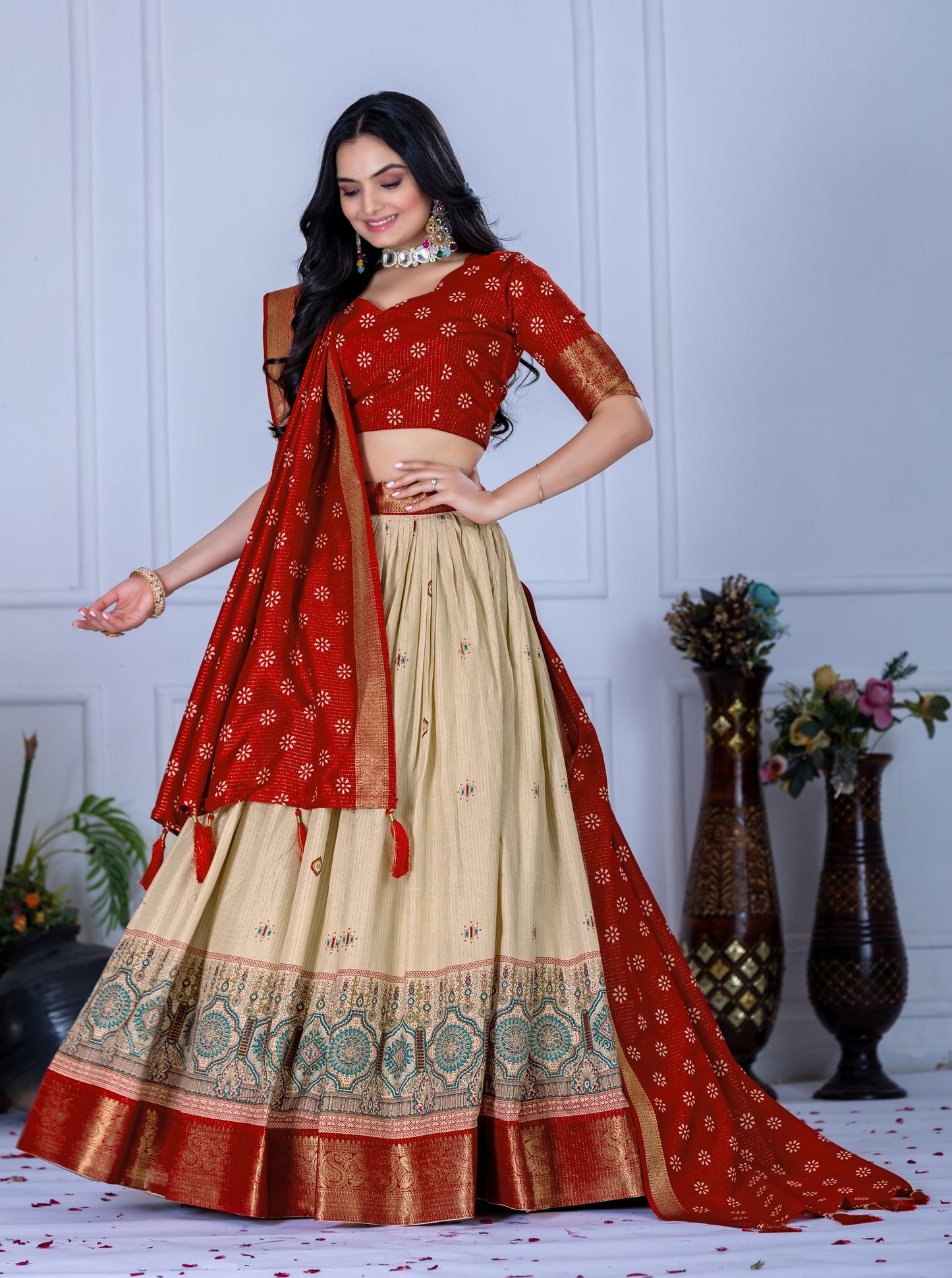Red color lichi zari with printed chaniya choli USA