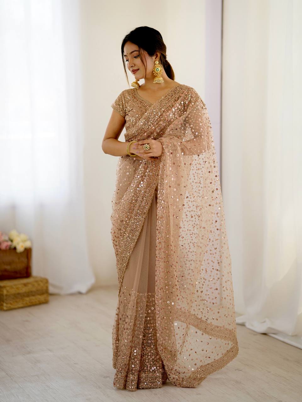 Beige color net saree