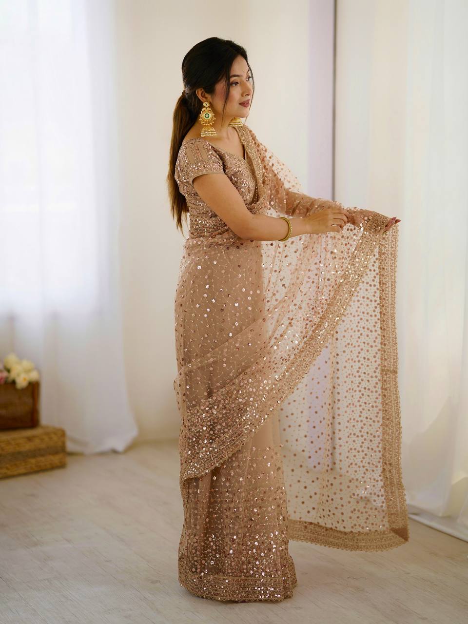 Beige color sequins work saree in USA