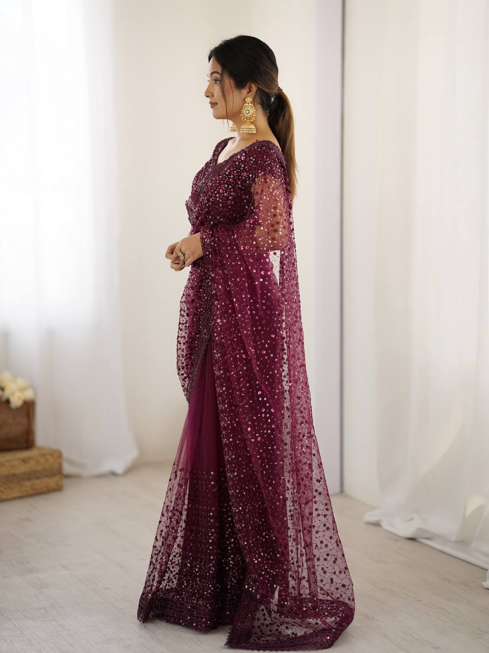Wine sequins work heavy saree with online