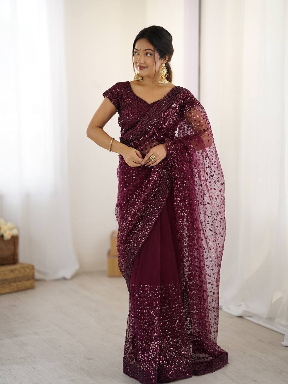 Wine color party wear saree
