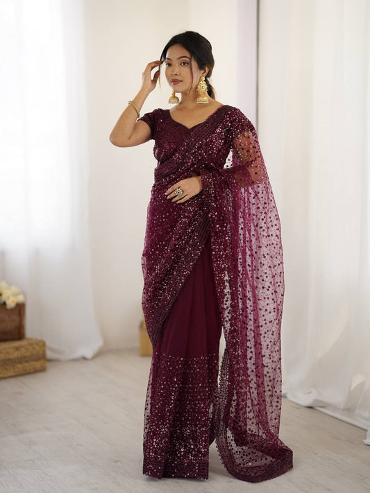 Wine color net saree with blouse in USA