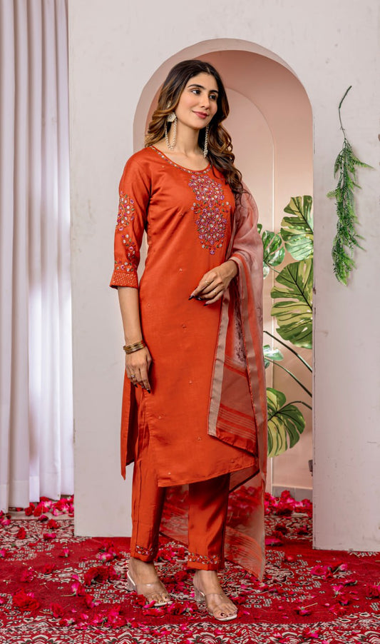 Rust color viscose silk salwar suit for party