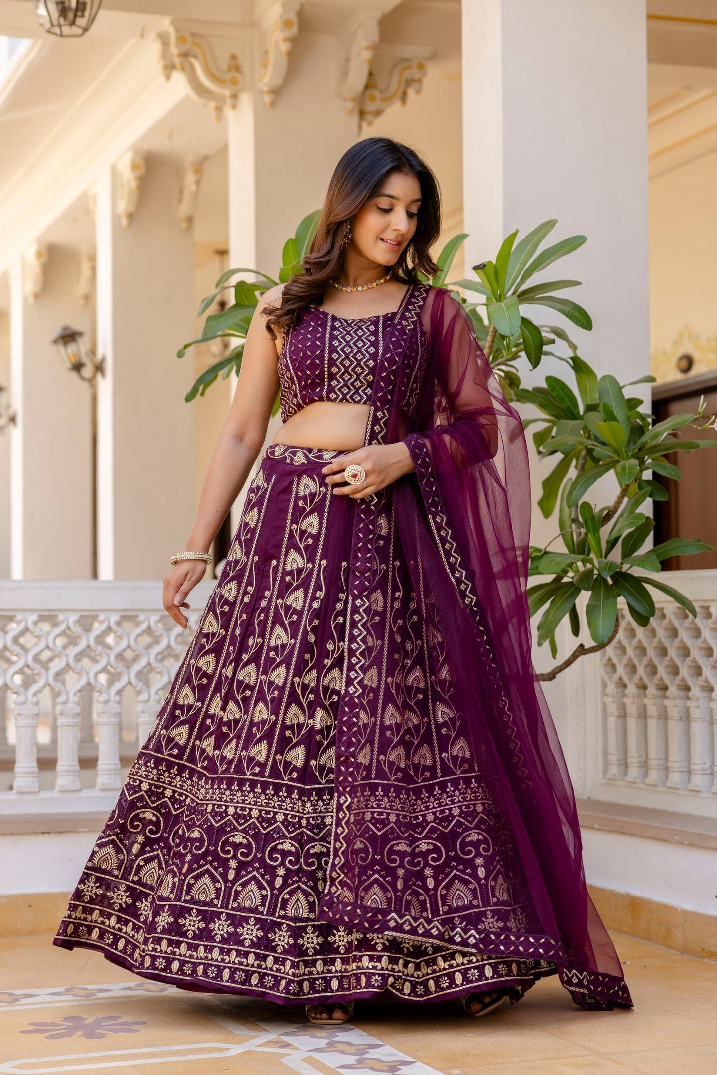 Wine georgette chaniya choli with dupatta in USA