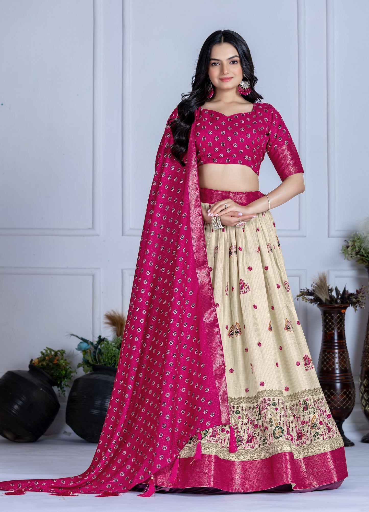 Pink color jacquard weaving chaniya choli with online